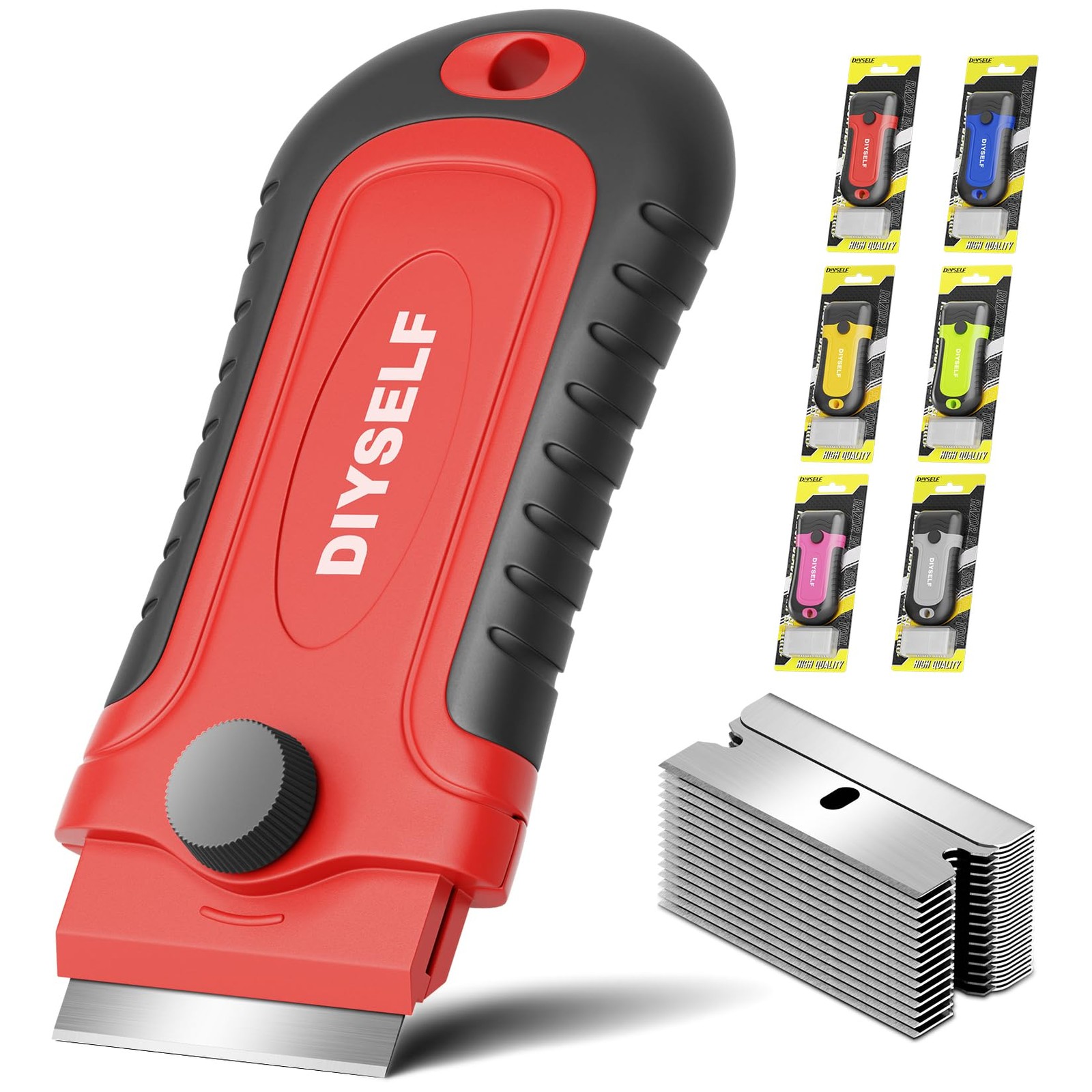 DIYSELF 1 Pack Razor Blade Scraper with 15 Extra Blades, 1 Pack, Red