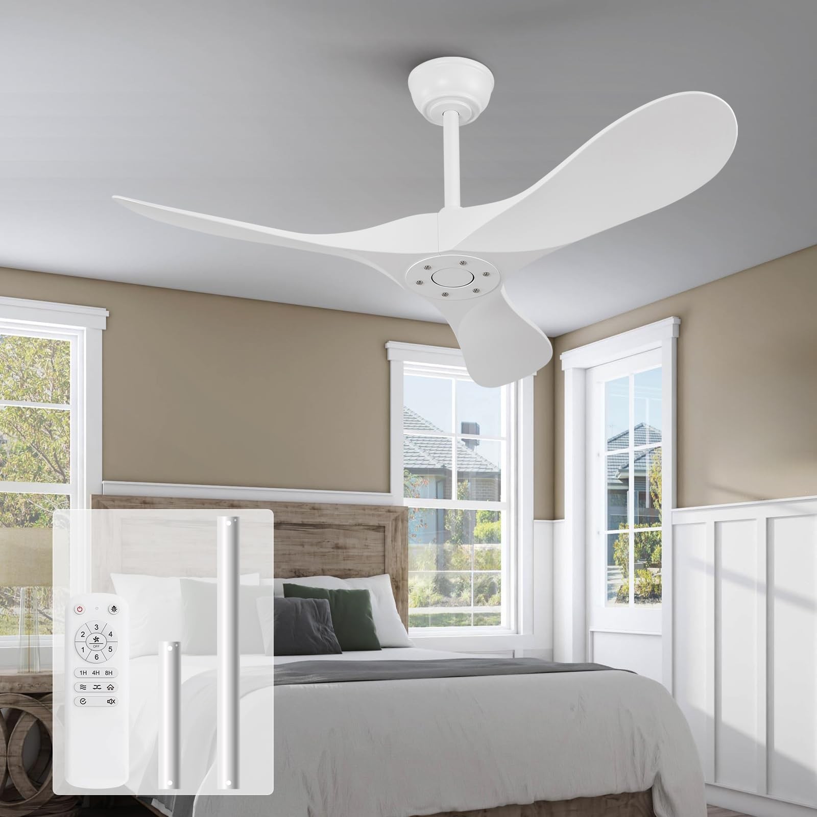 KBZZ 42 Inch White Ceiling Fan without Light,6 Speeds,Reversible Silent DC Mo...