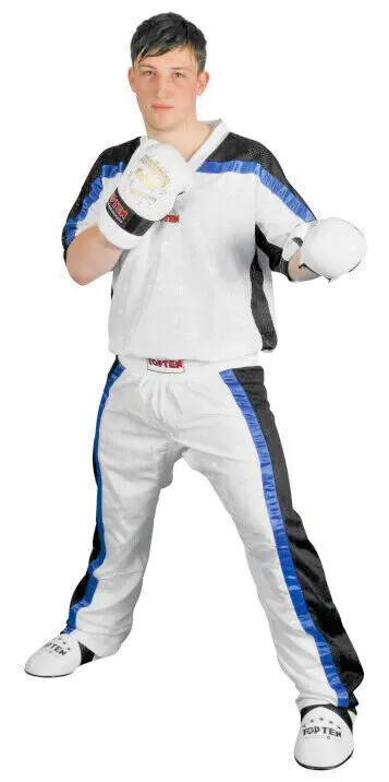 TOP TEN SPORT KARATE KICKBOXING ULTRALIGHT MESH 1605 WHite Black Blue Uniform Gi