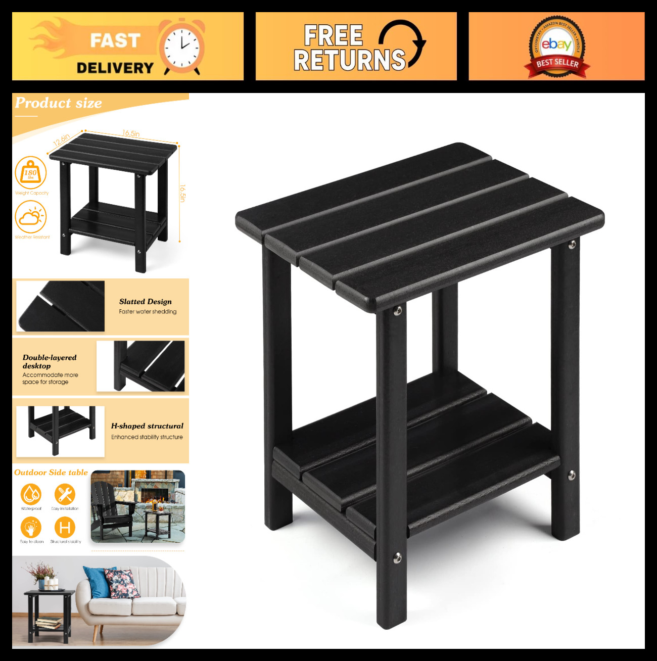 Sturdy 2-Tier Adirondack Outdoor Side Table - Weather Resistant Patio End Table,