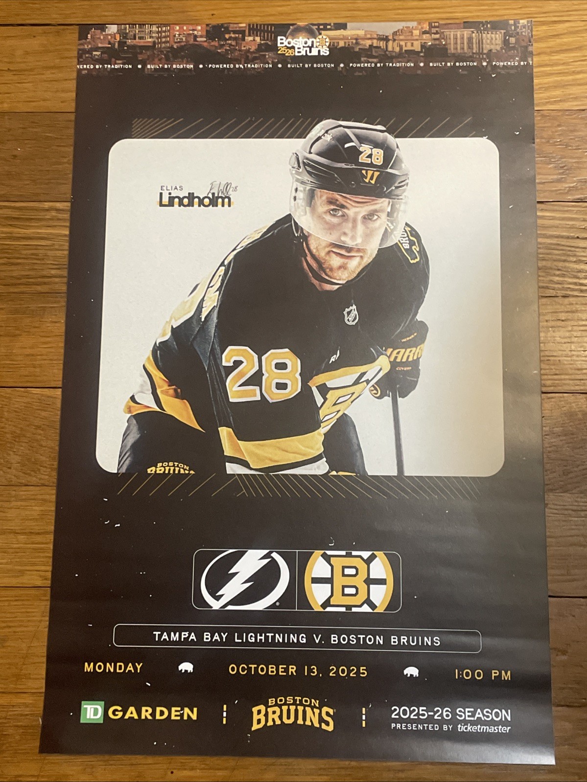 Boston Bruins Game Day Poster vs Tampa Bay Lightning Oct 13, 2025 Elias Lindholm