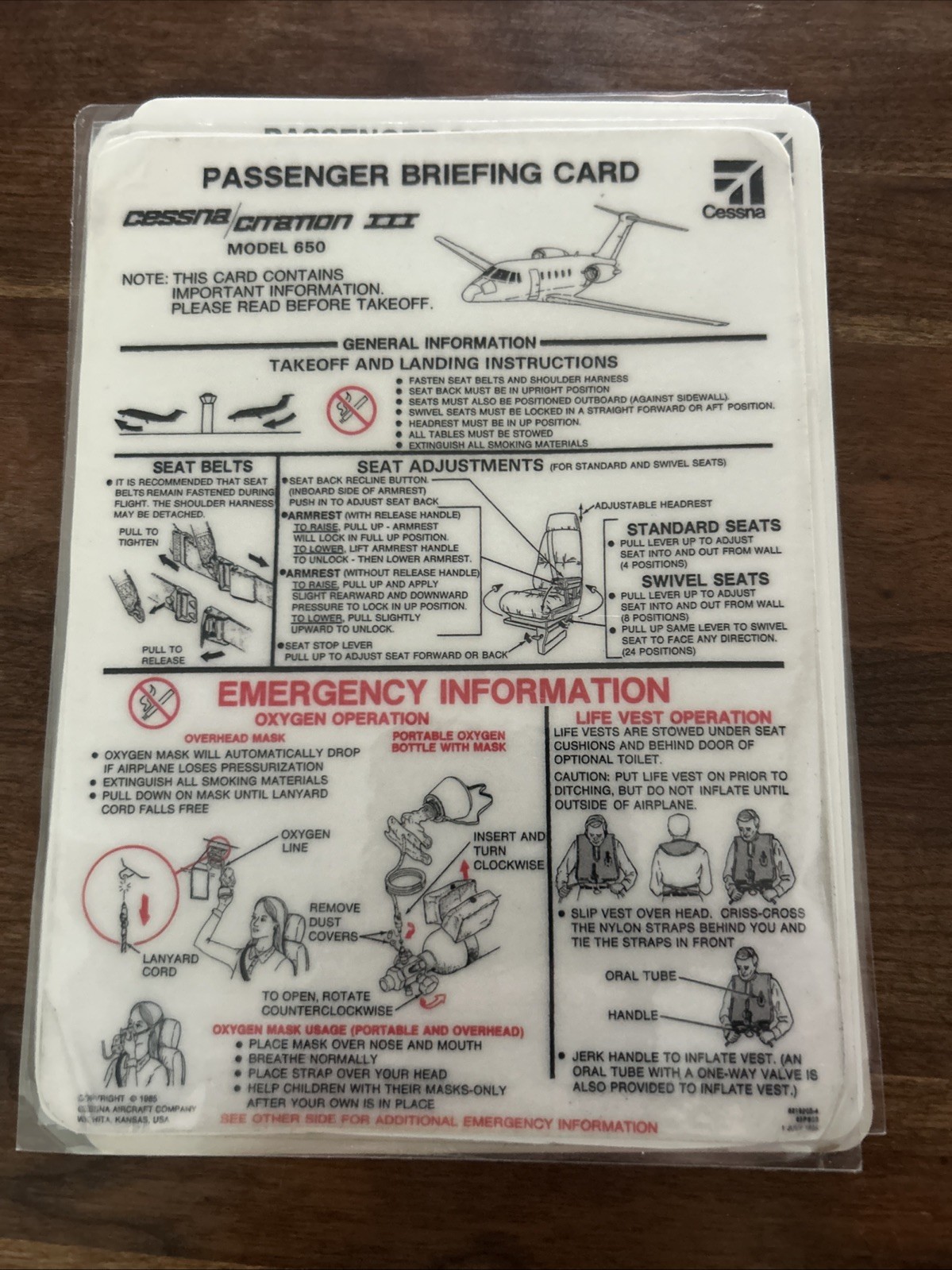 Cessna Citation III 650 Passenger Briefing Card PN: 65C3PBC