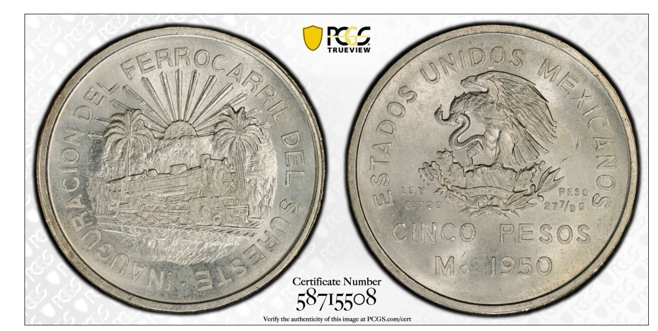 1950-Mexico 5 Pesos-Southeastern Railroad-PCGS MS 65-Blazing White Gem-Beautiful