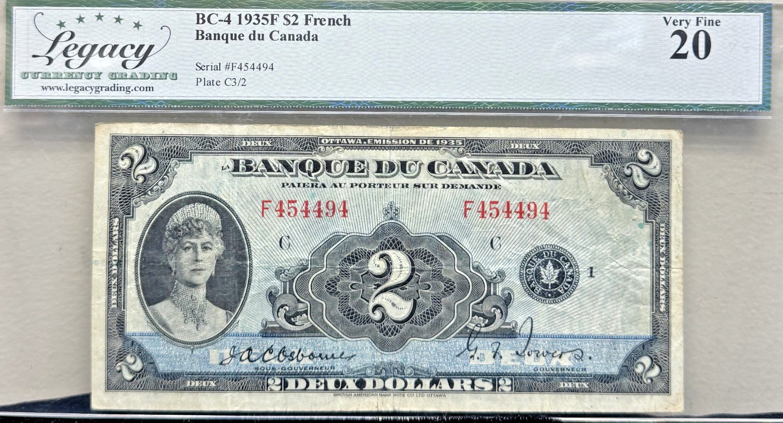 1935 Banque du Canada $2 French Note LCG 20 Very Fine