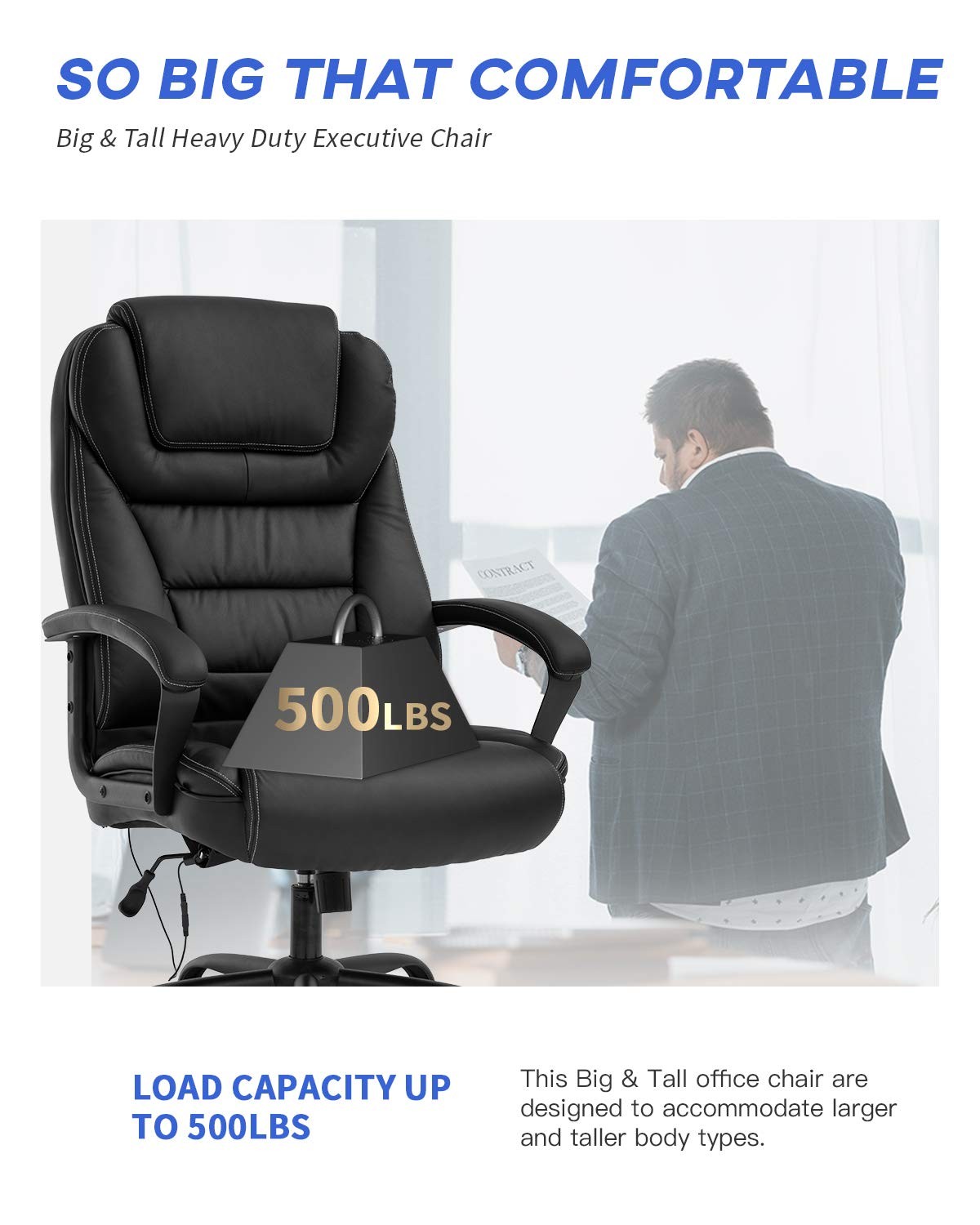 Big and Tall 500lbs Wide Seat Ergonomic Desk Chair with Lumbar Support Arms Head