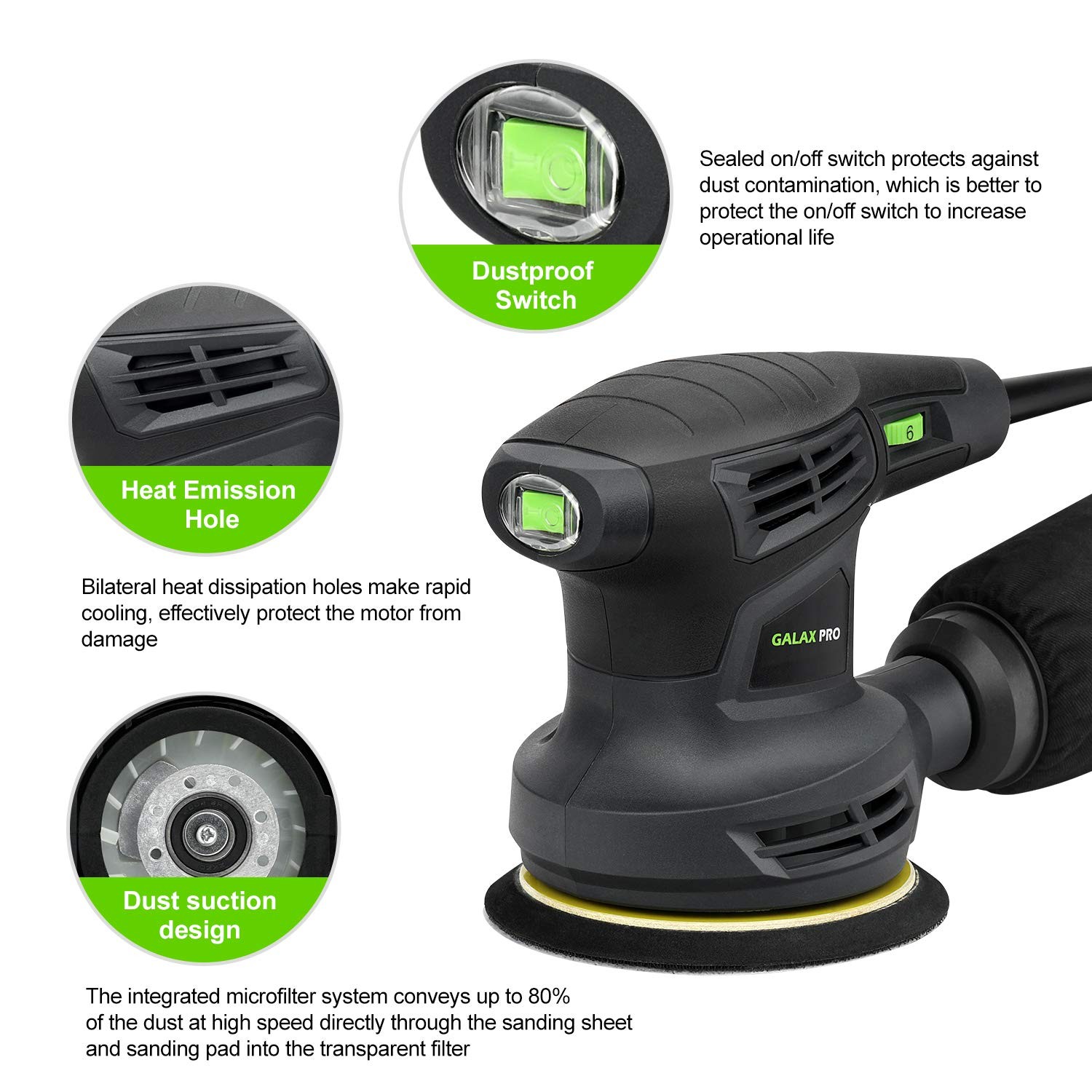280W 13000OPM Max 6 Variable Speeds Orbital Sander with 15Pcs Sanding Discs, ...