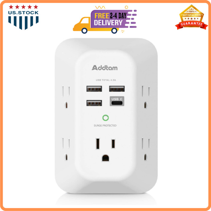 5 Outlet Extender Surge Protector Multi Plug Wall Adapter USB Charger Ports with