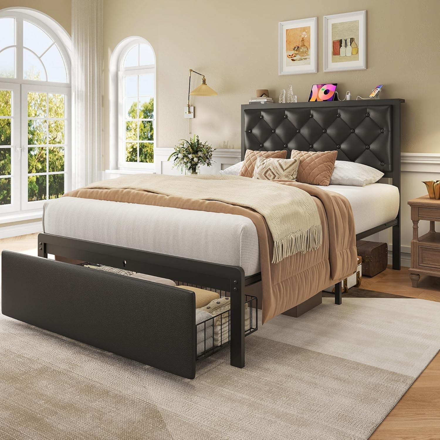 Twin Button Tufted Bed Frame Storage Drawer Upholstered Headboard Charging
