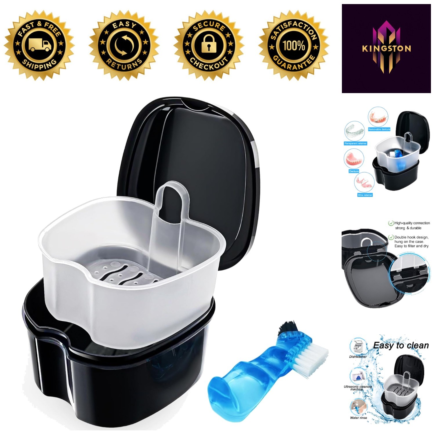 Durable Black Denture Soaking Container with Easy Clean Strainer – Compact 3.7in