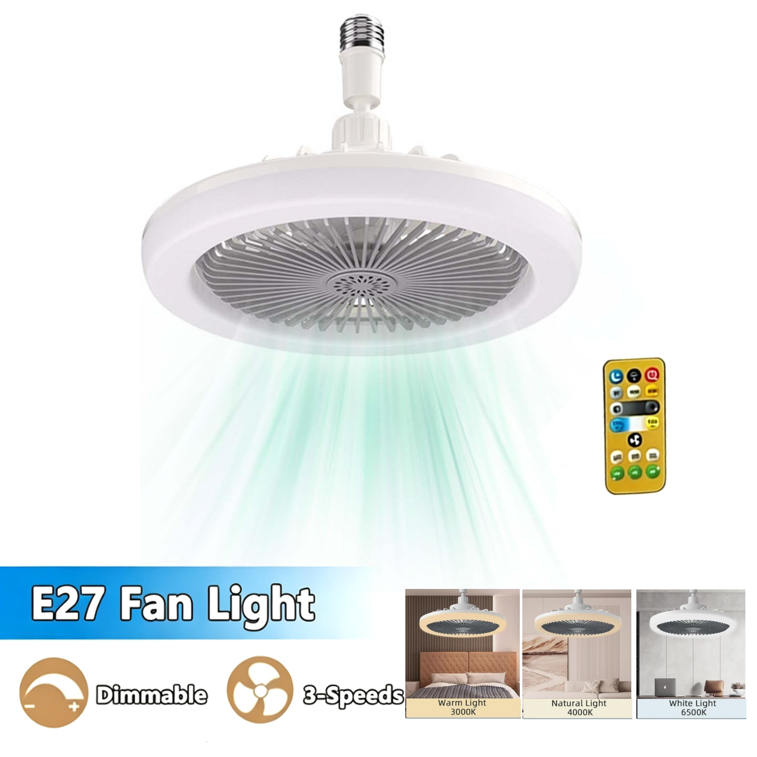 10" Adjustable E27 Socket Ceiling Fan Dimmable LED Light Remote Cooling Fan Lamp