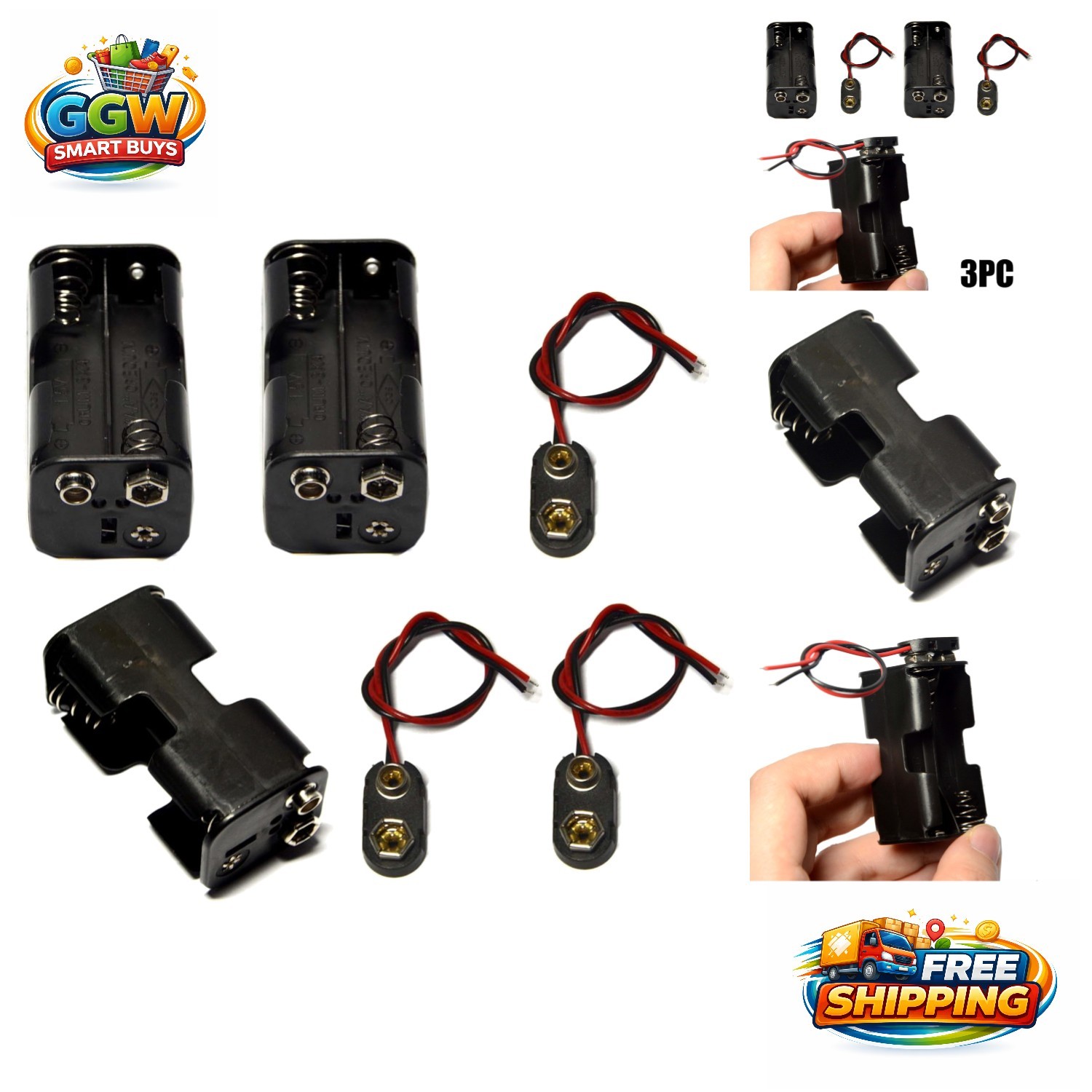 Efficient Battery Organization: 4 AA Battery Holder with 9V Connector (3 Units)