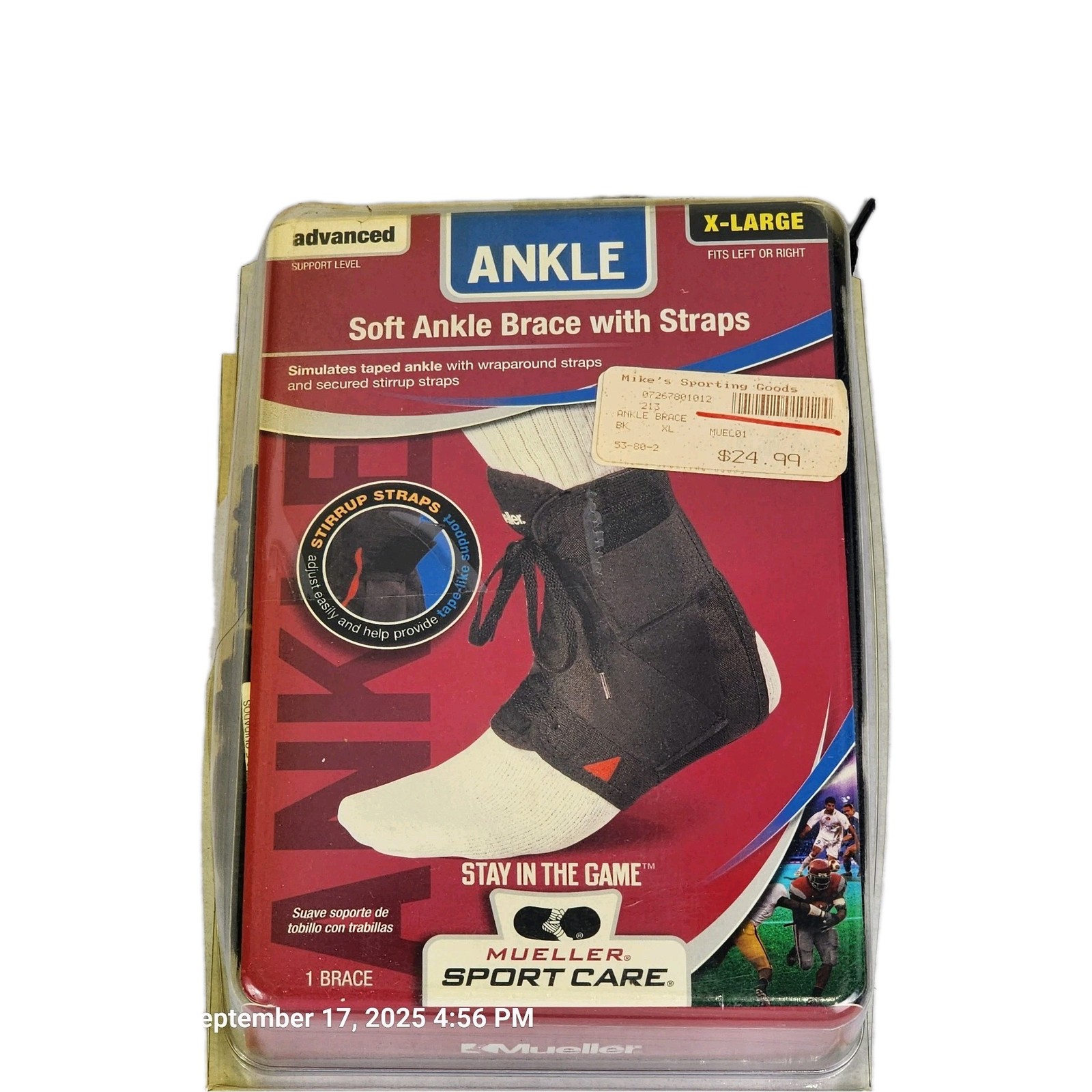 Mueller Sports Care Soft Ankle Brace Adult XL (Men 13-15)With Straps Black New