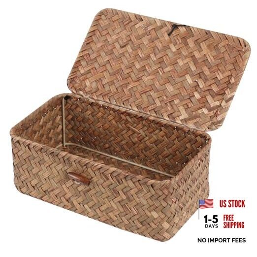 FEIALNDUO Wicker Shelf Baskets with Lid,Seagrass Storage Basket X-Small Coffee