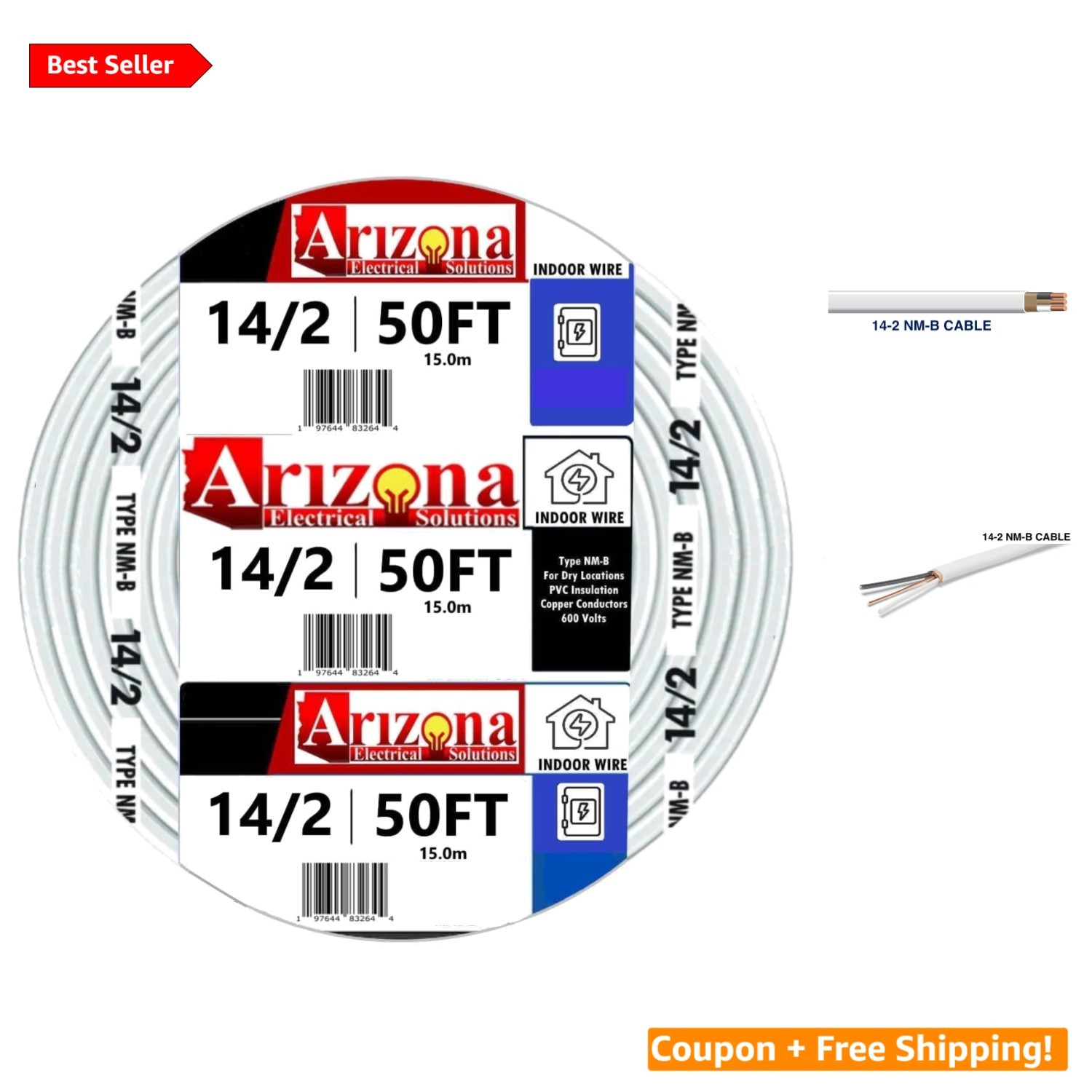 50ft 14/2 Copper NM-B Electrical Cable - Versatile Insulated Wiring for Homes