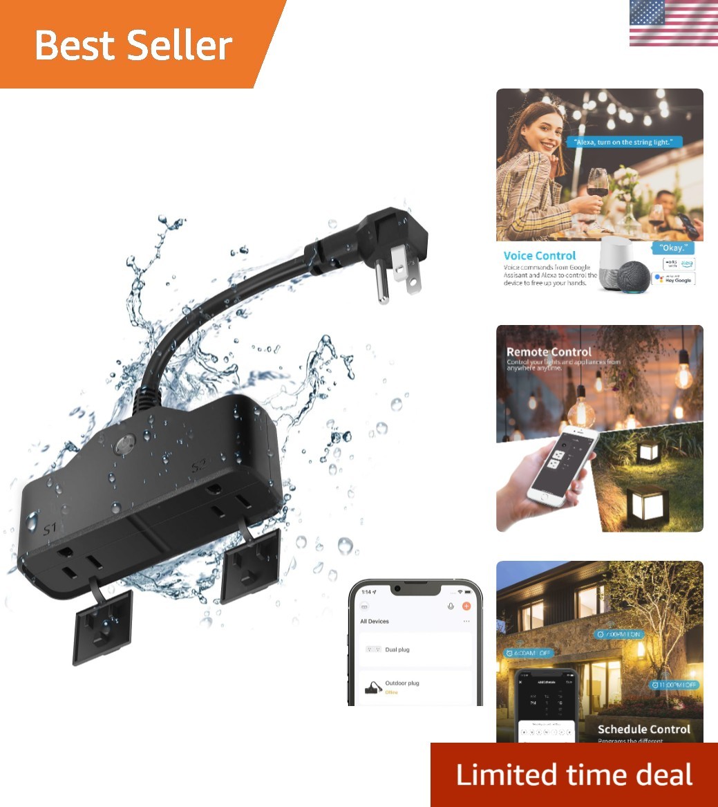 2-Socket Outdoor Smart Plug - 15A, Waterproof, Voice-Controlled Convenience