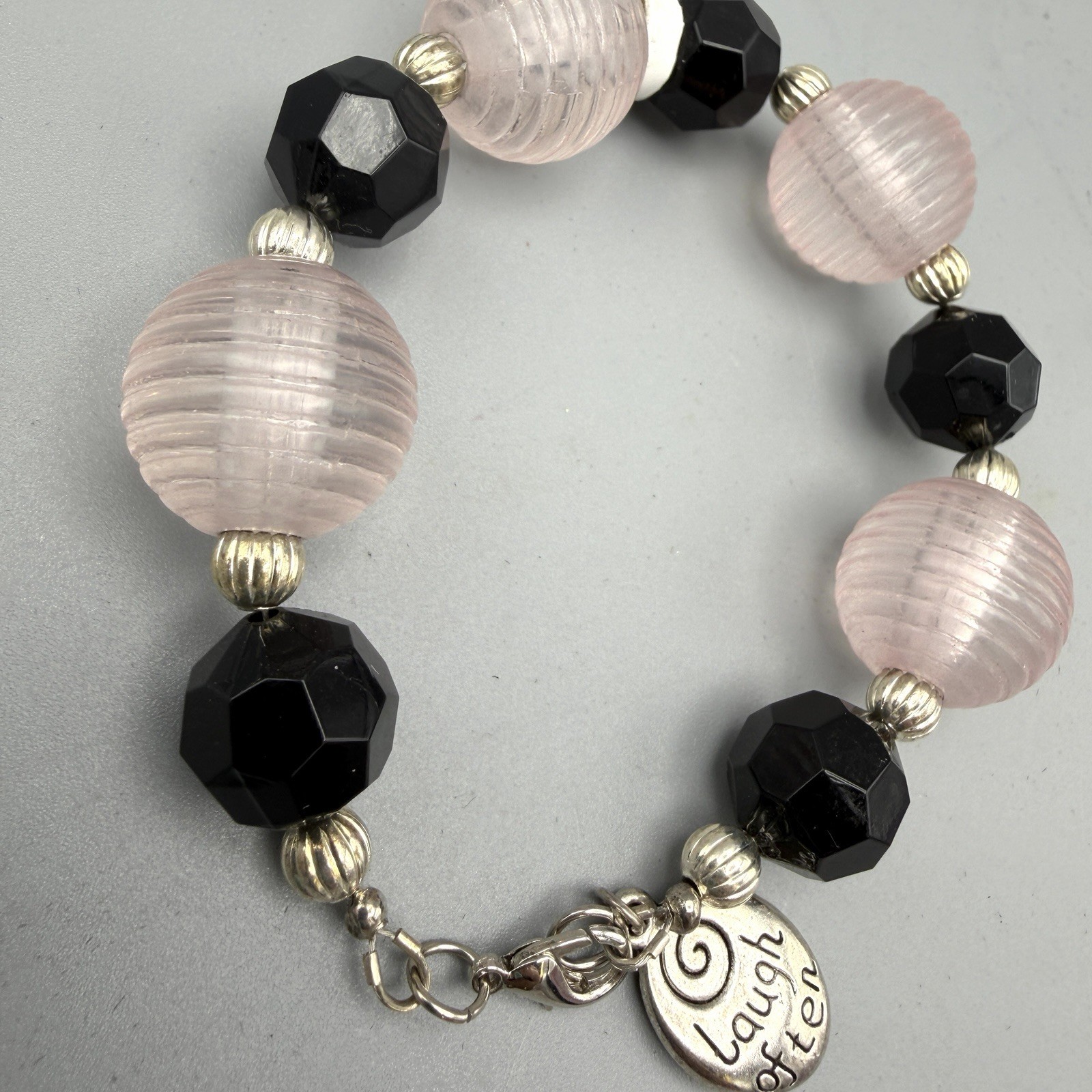 Handmade Bracelet  Black & Pink Round Crystal Beads 8" New Charm Laugh Often