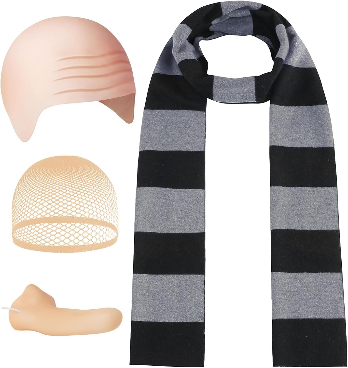 4 Pcs Halloween Costume Accessories for Adult,Black Gray Striped Scarf/Fake Nose
