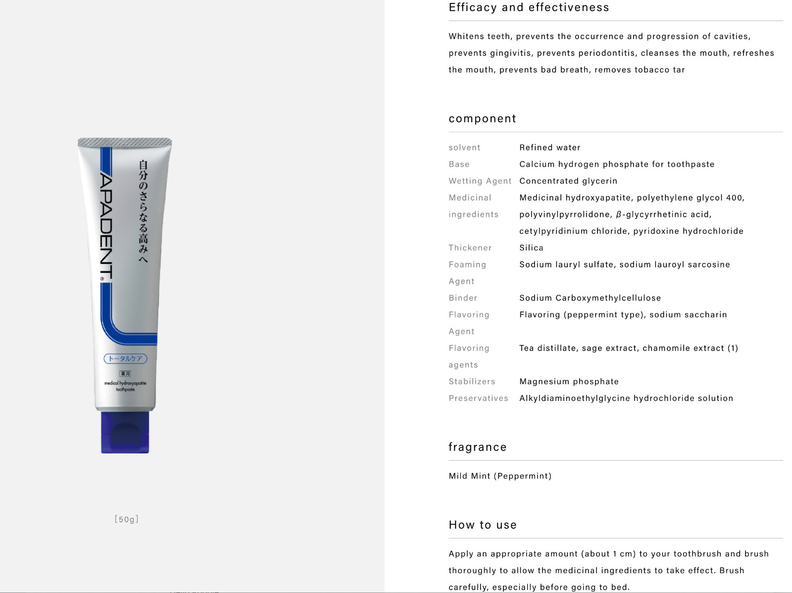 Sangi Apadent Total Care 50g Medical Hydroxyapatite Toothpaste Made in Japan