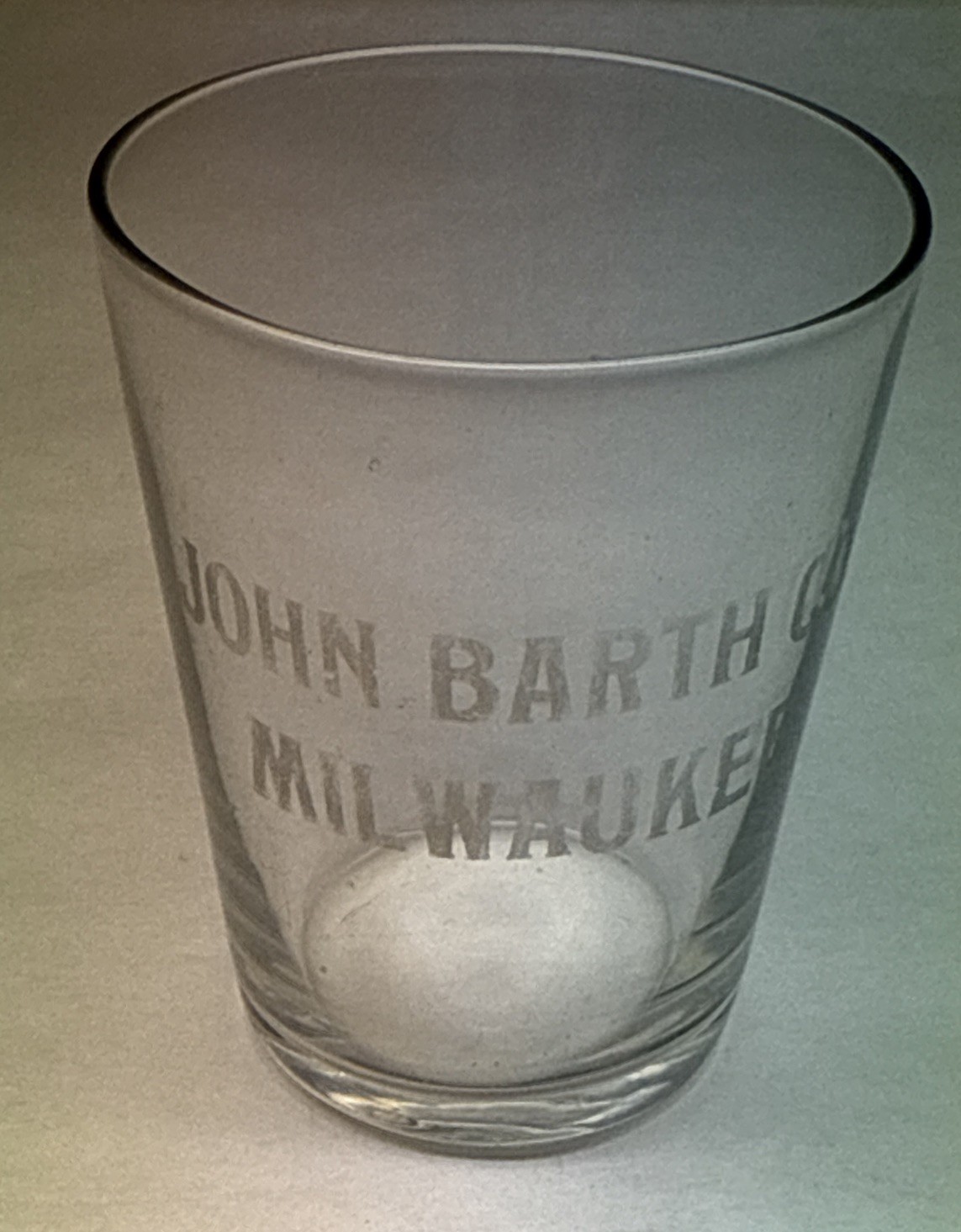 Old 1900s Etched Shot Glass John Barth Wine Liquor Dealer Milwaukee WI Wis