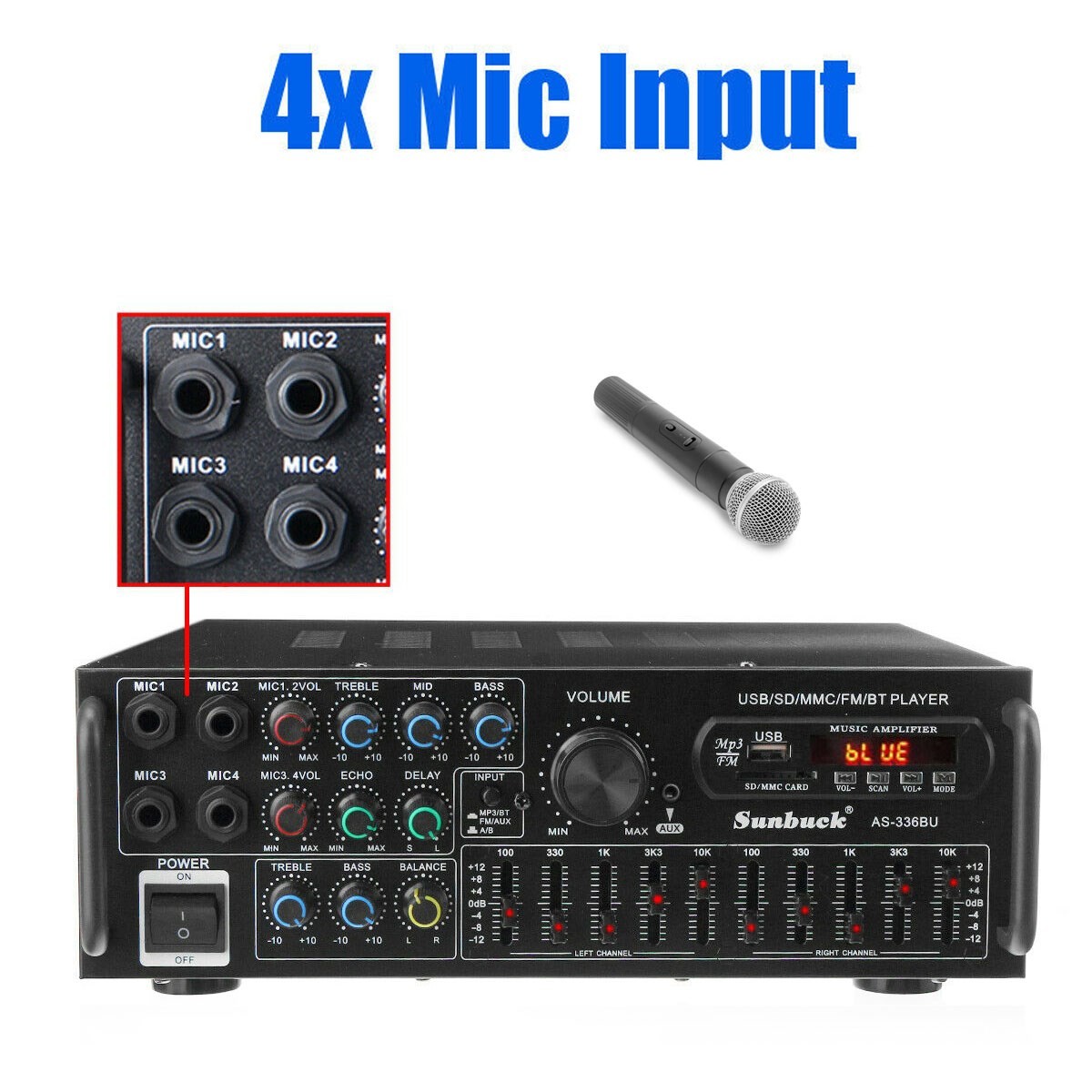 Sunbuck 2000W Power Amplifier 2-CH Bluetooth 5.0 Stereo FM USB EQ AUX w/ Remote