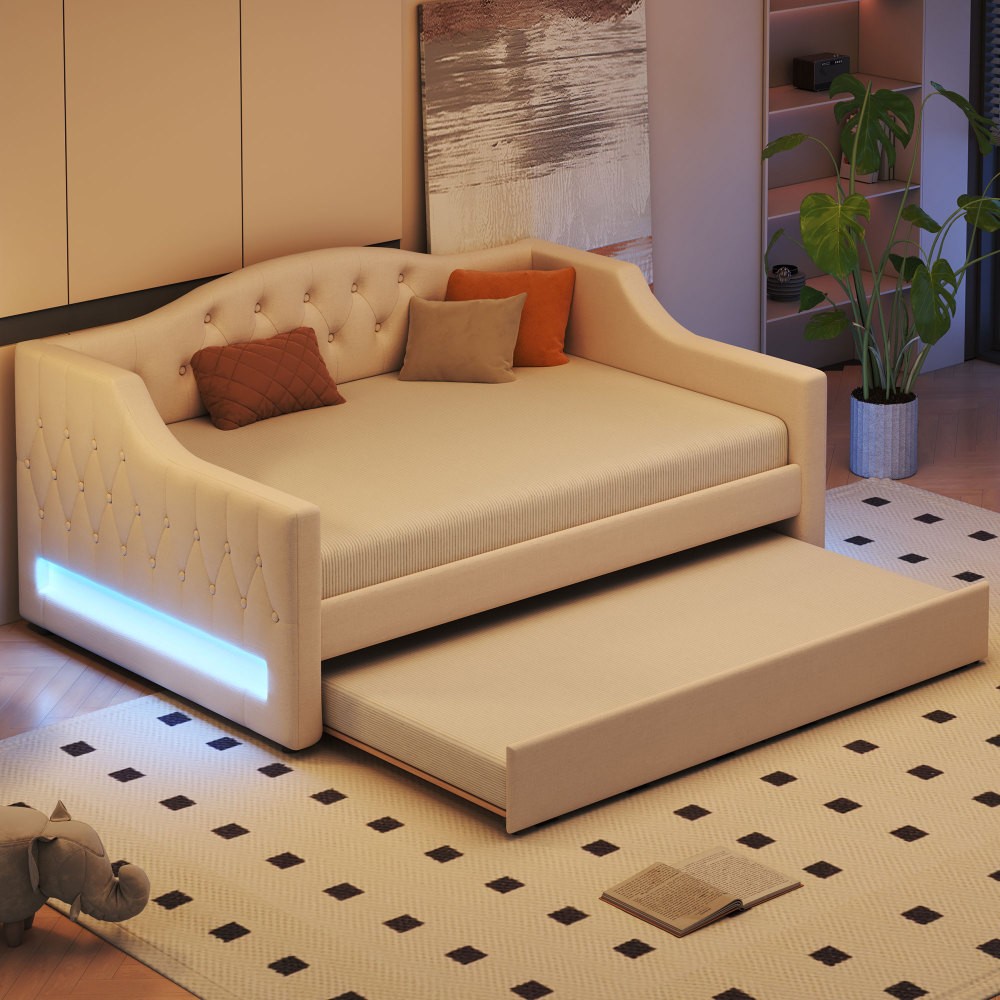 Upholstered Bed with LED Strip Lighting and Casters, Featuring Foam Padding