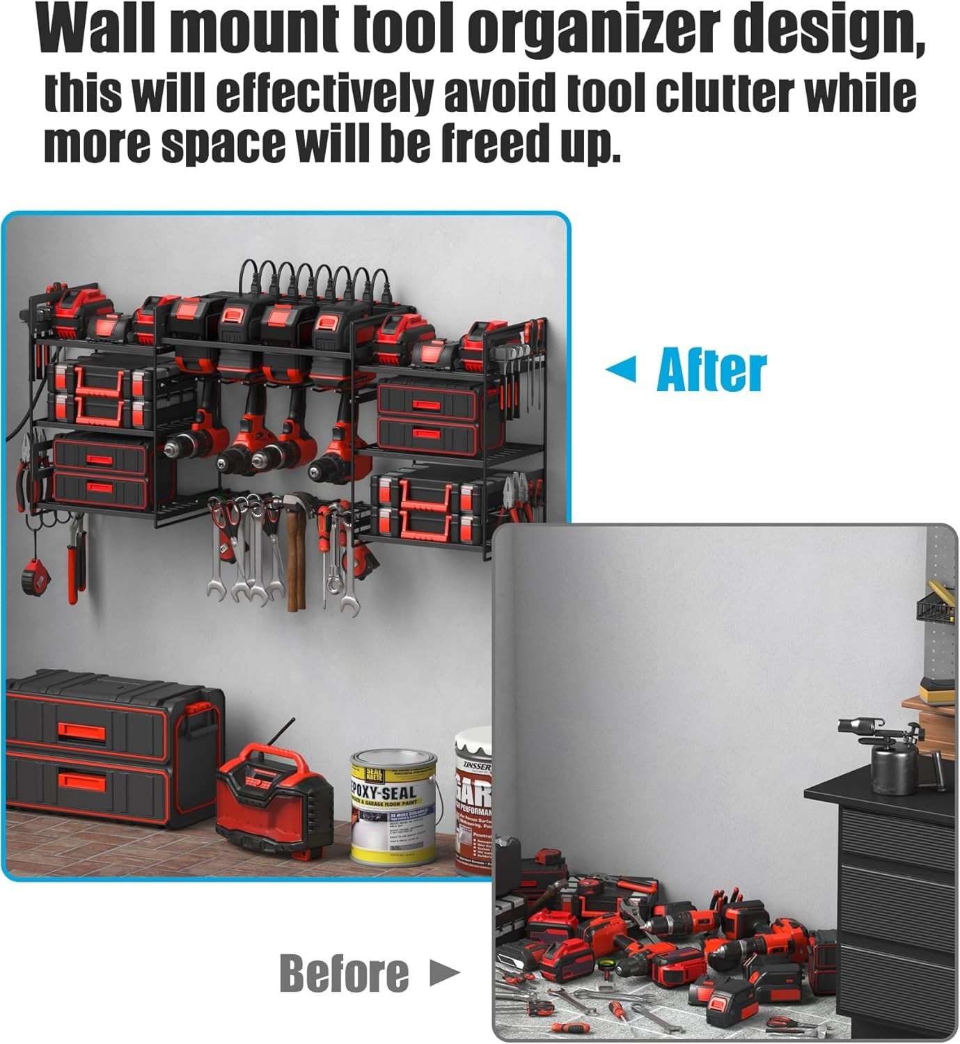 Black Power Tool Organizer Wall Mount, Large Tools and Battery Storage Rack C...