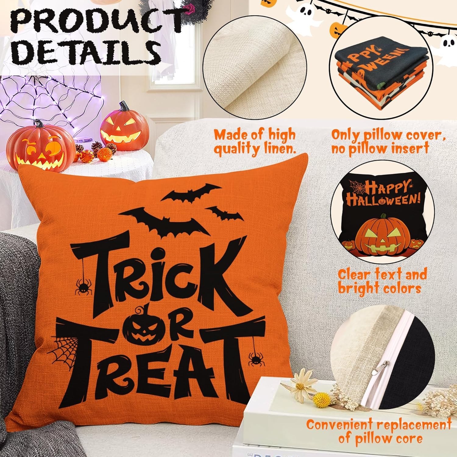 JUSTOTRY 4pc Halloween Decoration Pillow Covers 18x18 for Halloween