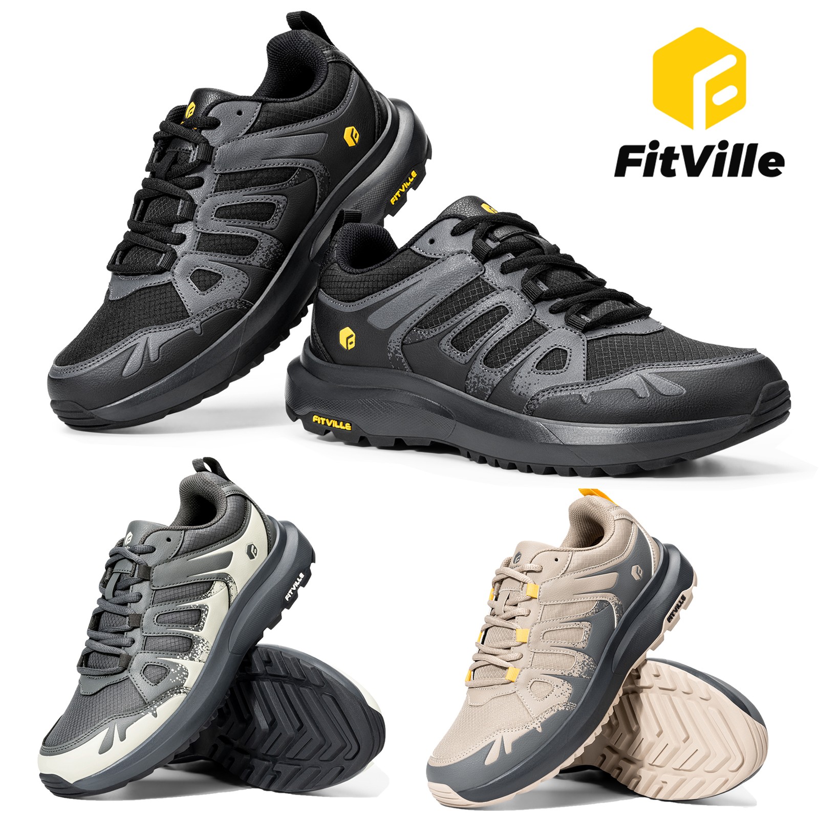 FitVille Mens Sneakers Hiking Shoes Cushioning Water Repellent Running Trails