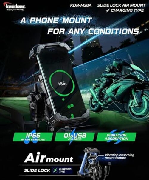 Motorcycle Smartphone Holder, Air Mount Vibration Absorption, QI & USB