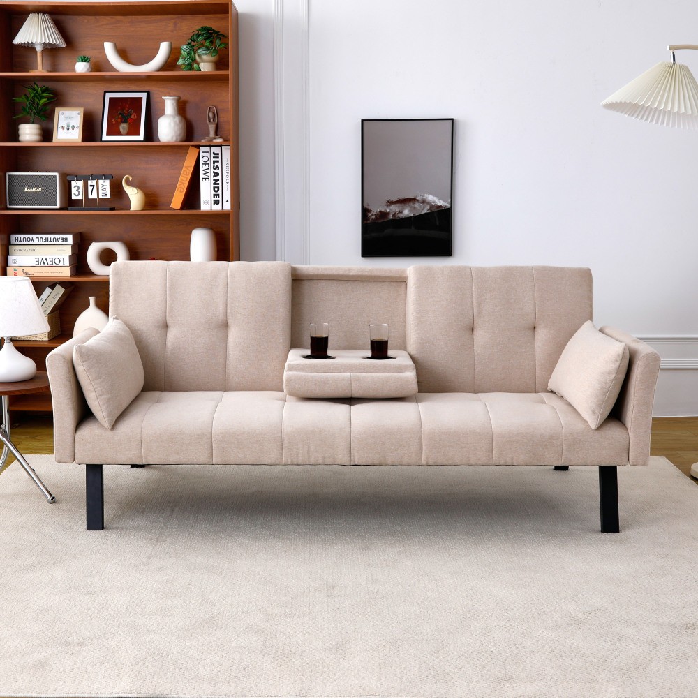 70" Cotton Linen Sofa Bed, Foldable Sofa w/Cup Holder& Storage,Multi-Functional