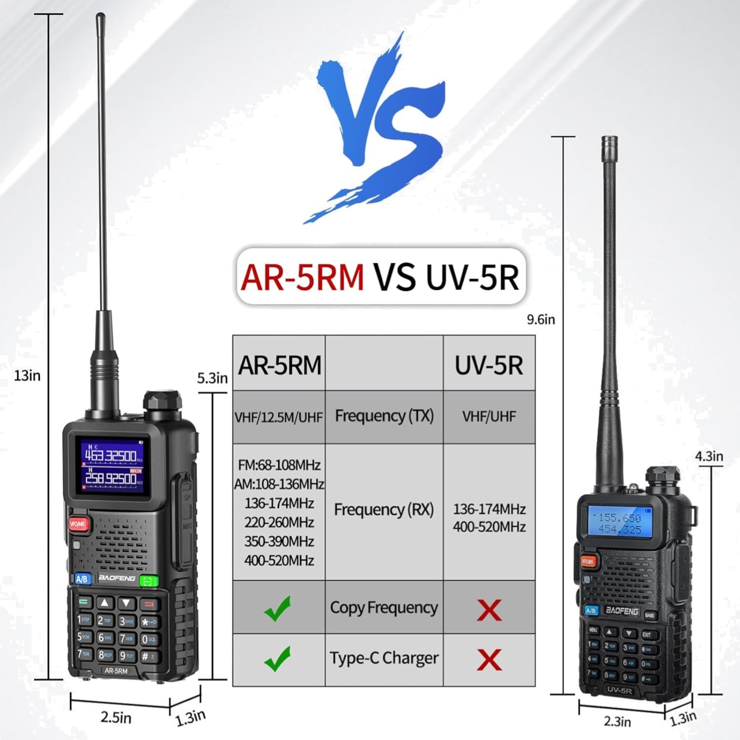 AR-5RM 10W Long Range Handheld Ham Radio - 999CH NOAA Receiver & Type-C Charging