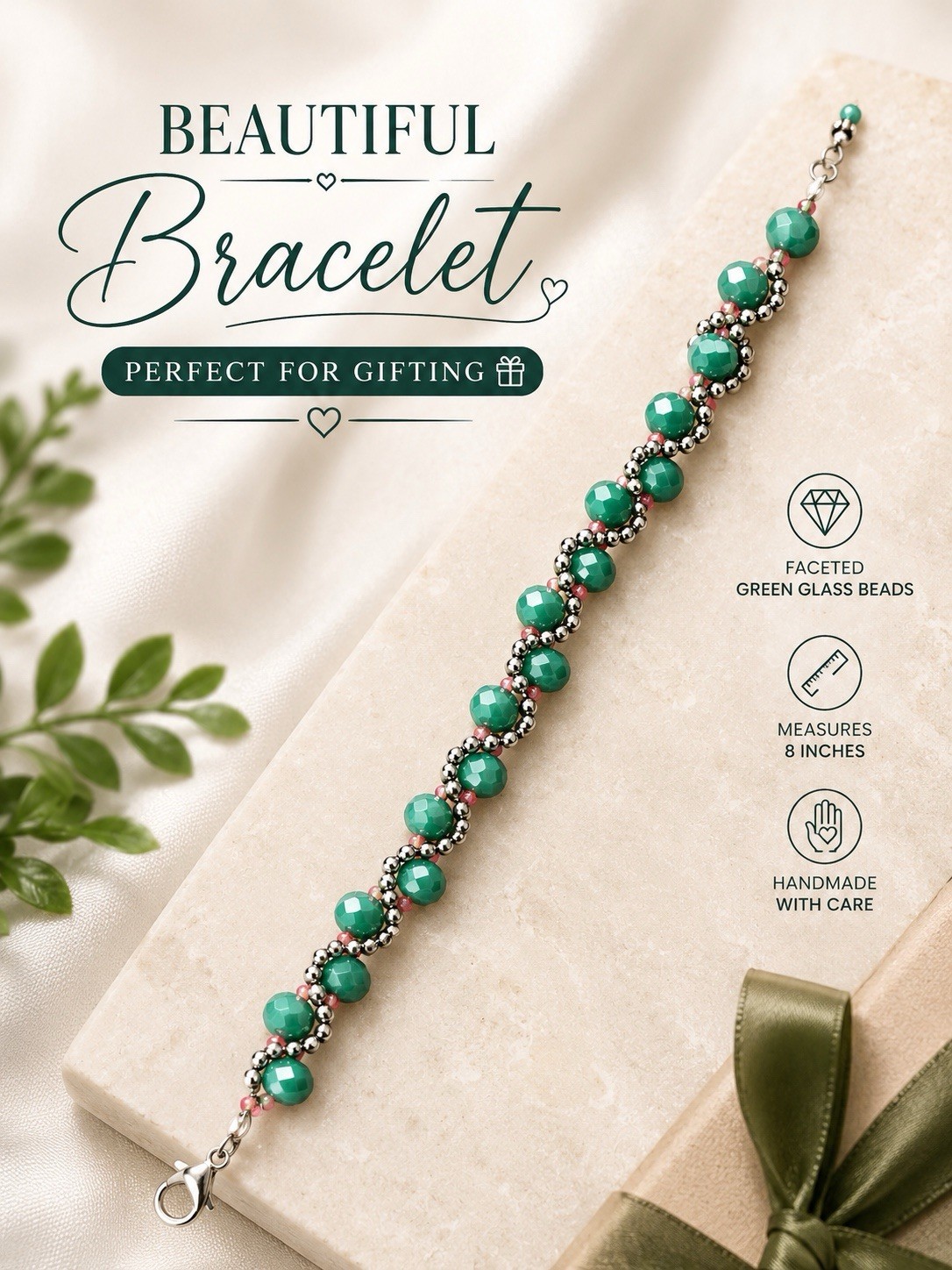 Handmade Jewelry Green Beaded Bracelet 8mm Adjustable