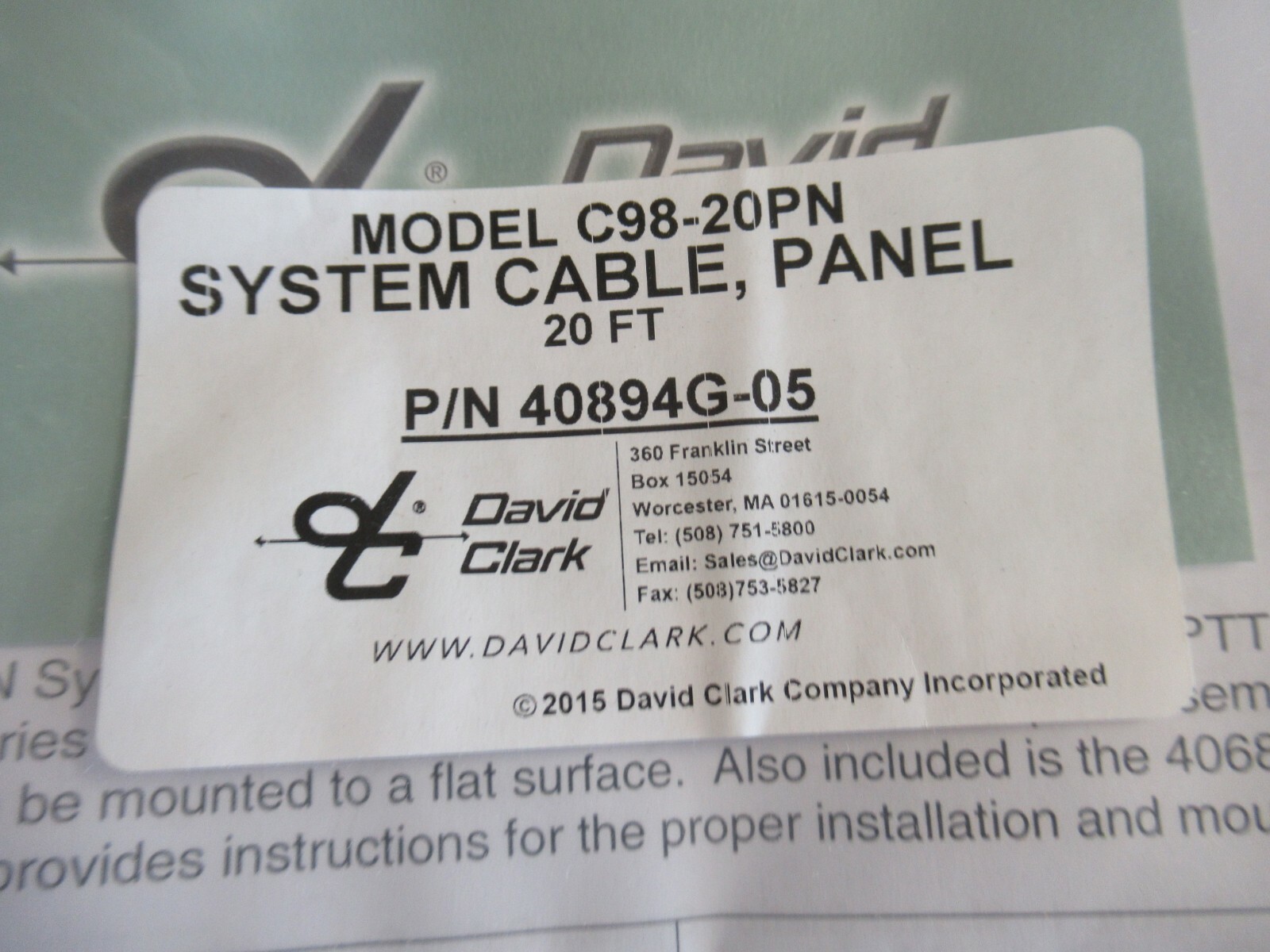 David Clark C98-20PN System Cable, Panel p/n 40894G-05