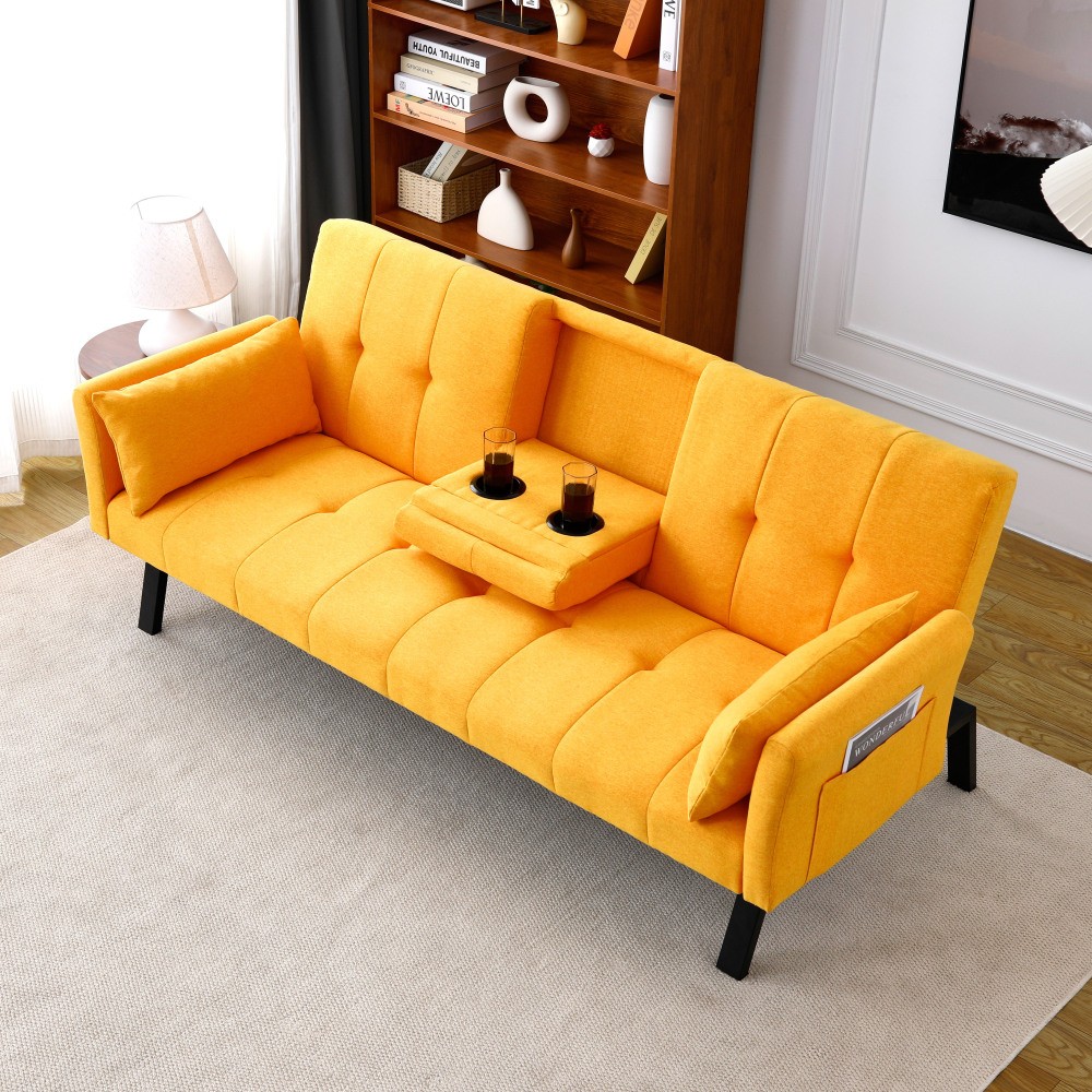 70" Cotton Linen Sofa Bed, Foldable Sofa w/Cup Holder& Storage,Multi-Functional