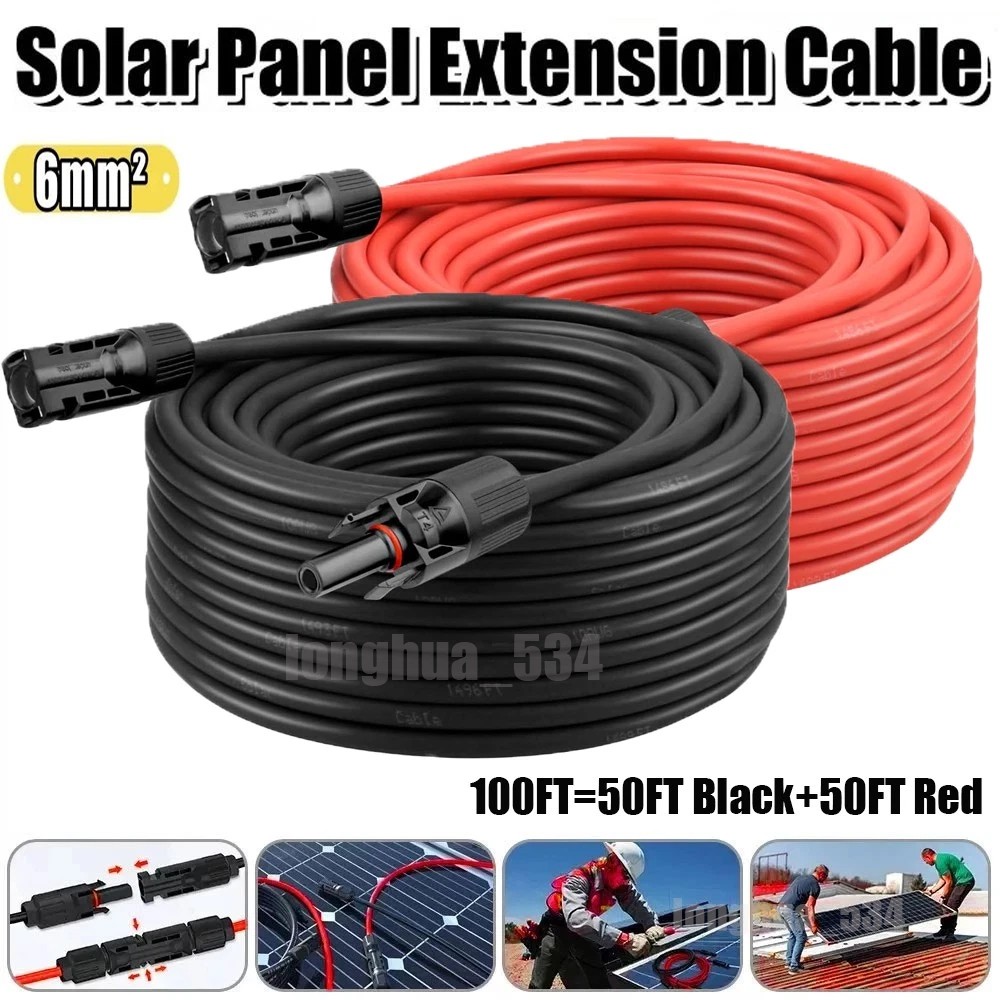 100FT 10 AWG Solar Panel Extension Cable PV Wire Solar Connectors Pair 6mm²