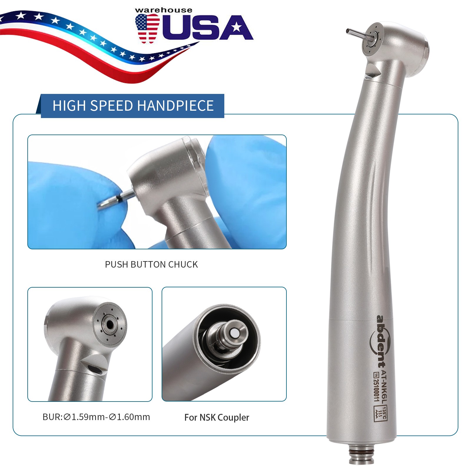 ABDENT Dental Fiber Optic LED High Speed Handpiece Four Spray Fit NSK Coupling