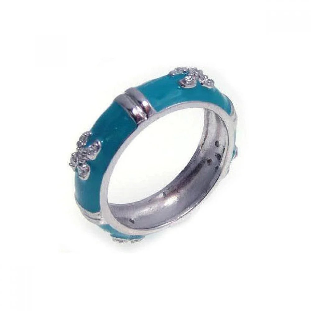 925 Sterling Silver Rhodium Plated Aqua Enamel CZ Eternity Ring