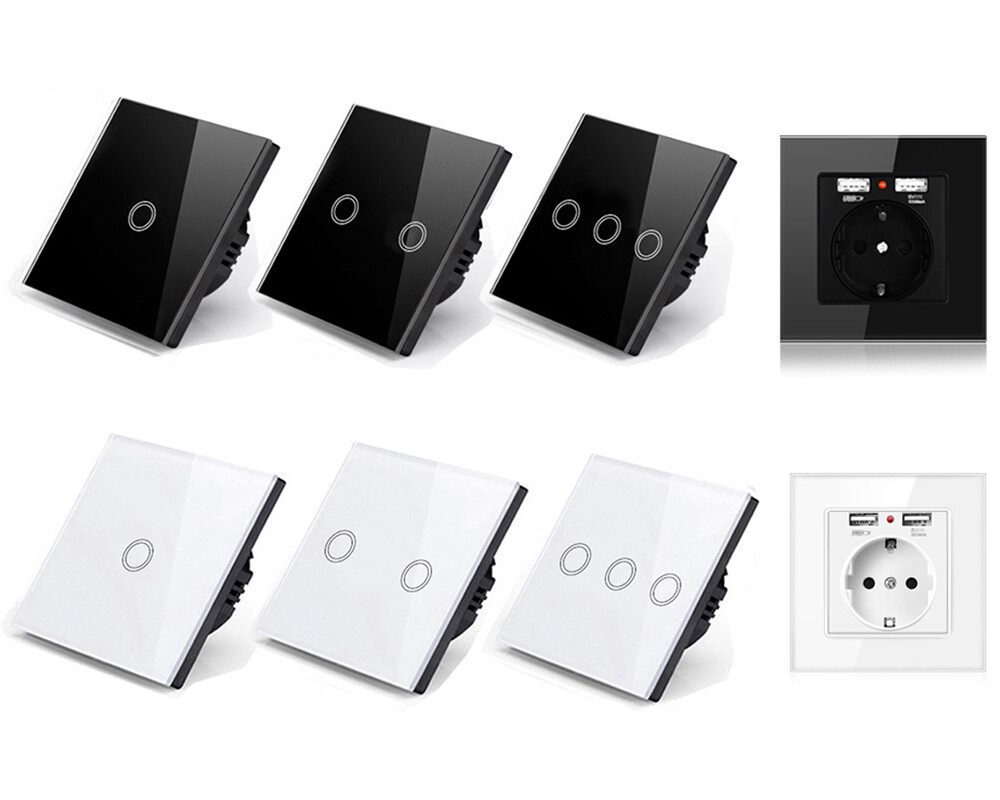 220V EU Glass Panel Wall Socket Touch Switch Wall LED Light Switch 1/2/3 Gang