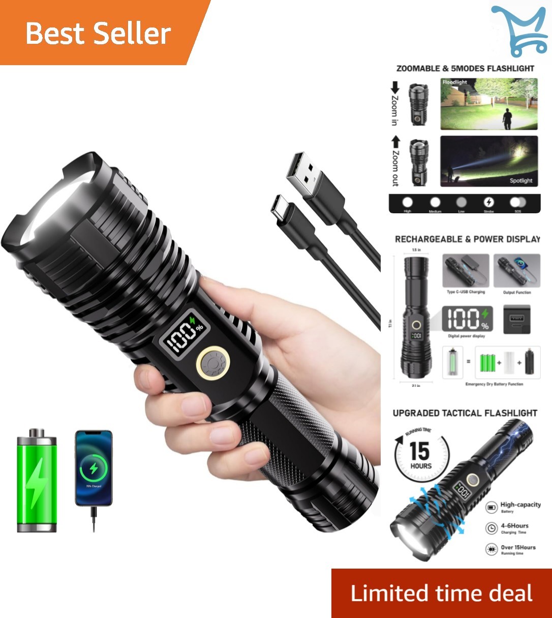 High Lumens Rechargeable LED Flashlight Waterproof Tactical Light for Camping