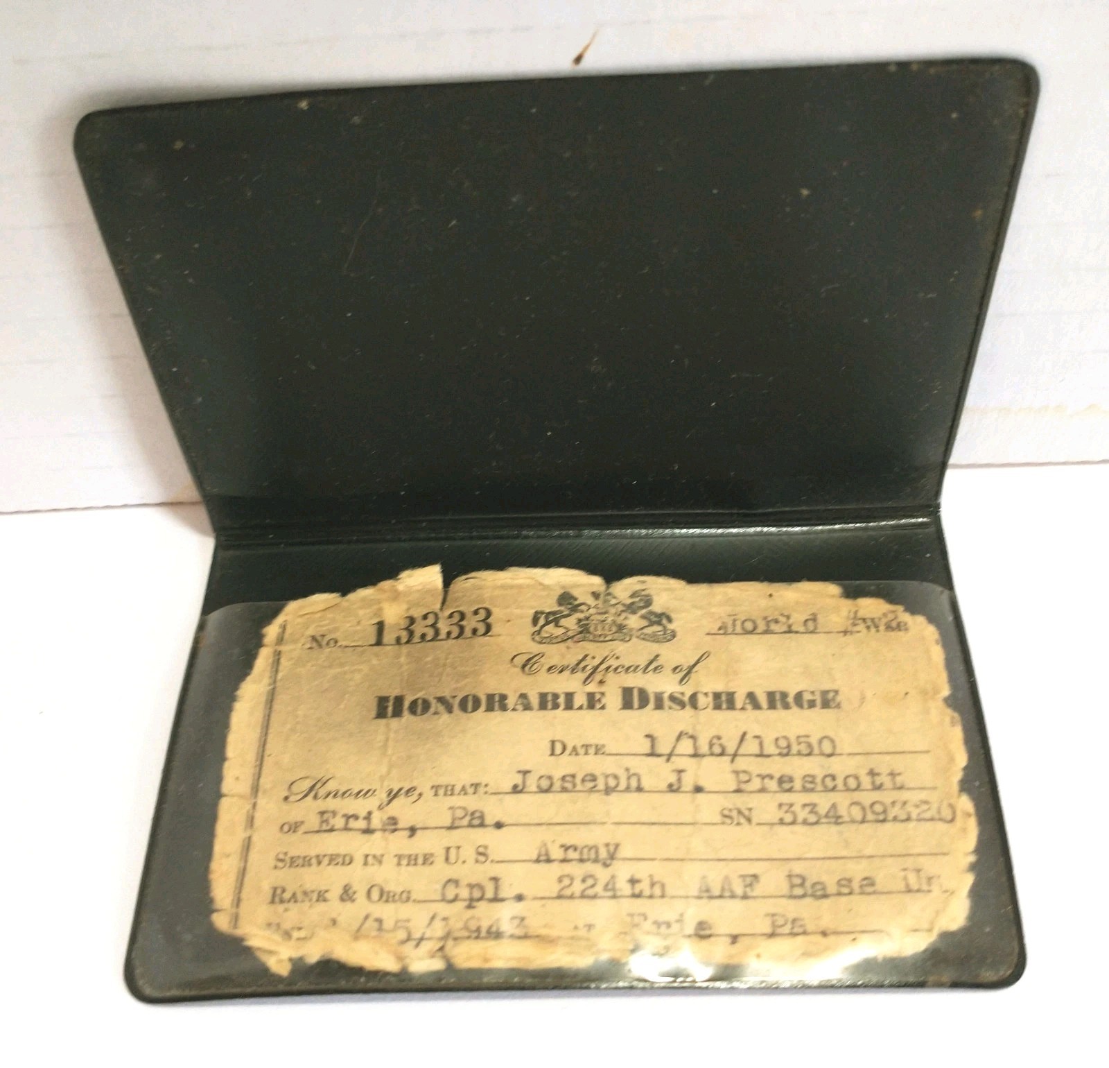 Vtg US Army Honorable Discharge Card 1943-1950 Joseph J Prescott CPL 224 Erie PA