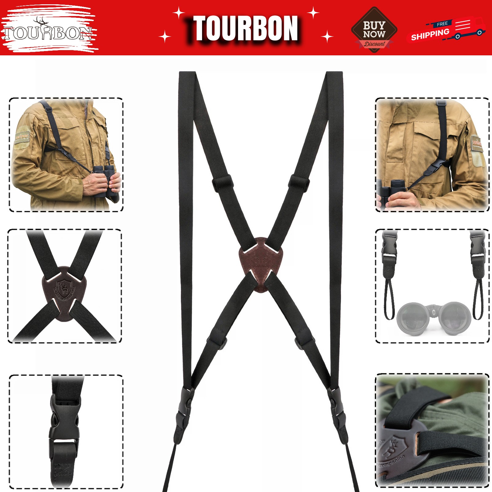 TOURBON Binocular Harness Camera Strap Quick Release Elastic Optic Chest Hunting