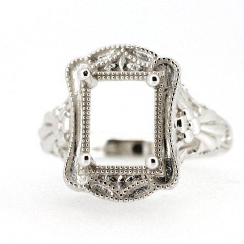 925 Sterling Silver 10x8mm Emerald Cut Semi Mount Ring Vintage Milgrain Frame
