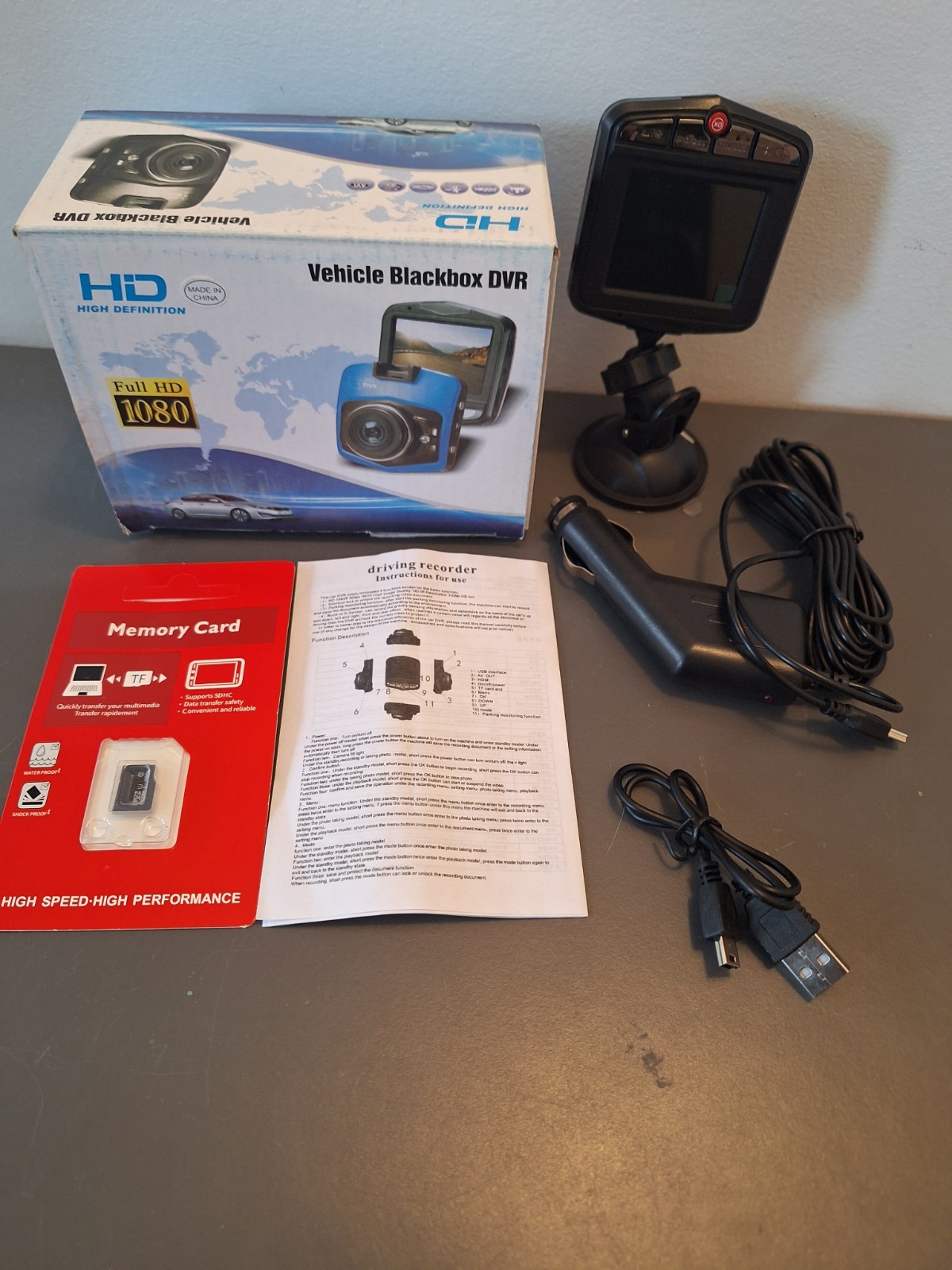 Vehicle Blackbox DVR, Full HD 1080, High Definition, Car Recorder w/ Memory Card