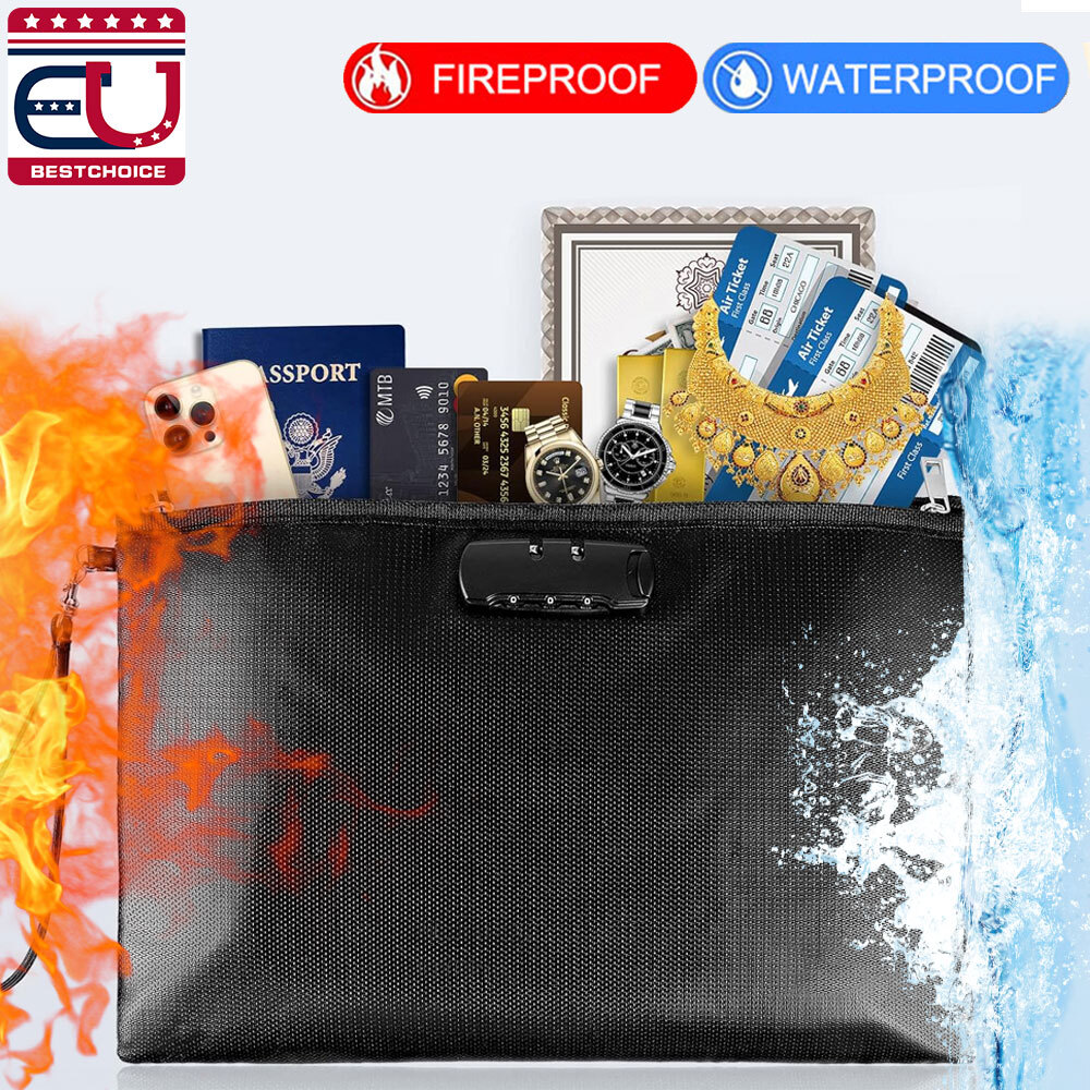 Fireproof Document Bag with Lock Waterproof Safe Money File Cash Pouch Storage