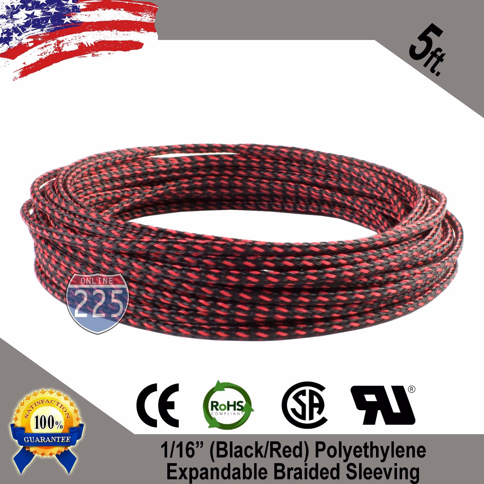 5 FT. 1/16" Black Red Expandable Wire Sleeving Sheathing Braided Loom Tubing UL
