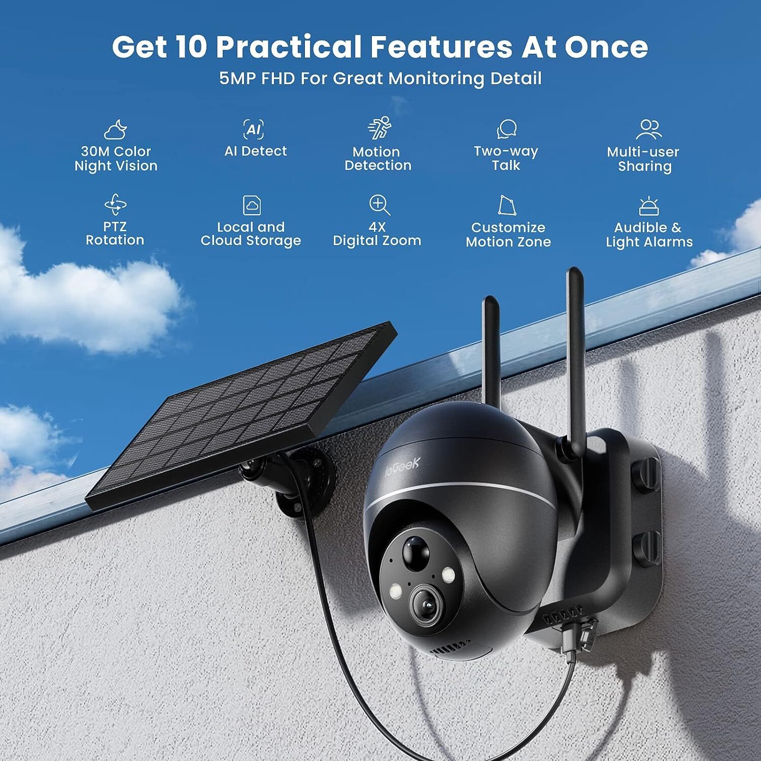 ieGeek 5MP WiFi Wireless Outdoor Solar Powered Security Camera Waterproof IP65