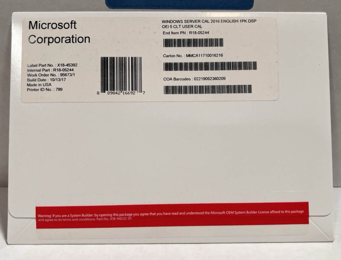 Microsoft Windows Server 2016 5 User CAL OEM DSP Client Access License R18-05244