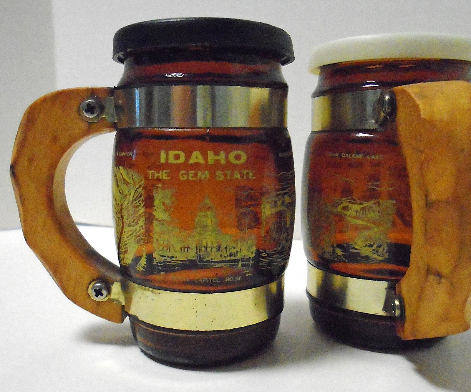 Vintage Idaho Images Salt Pepper Shaker Shot Glass Mug  Stein with Wood Handles