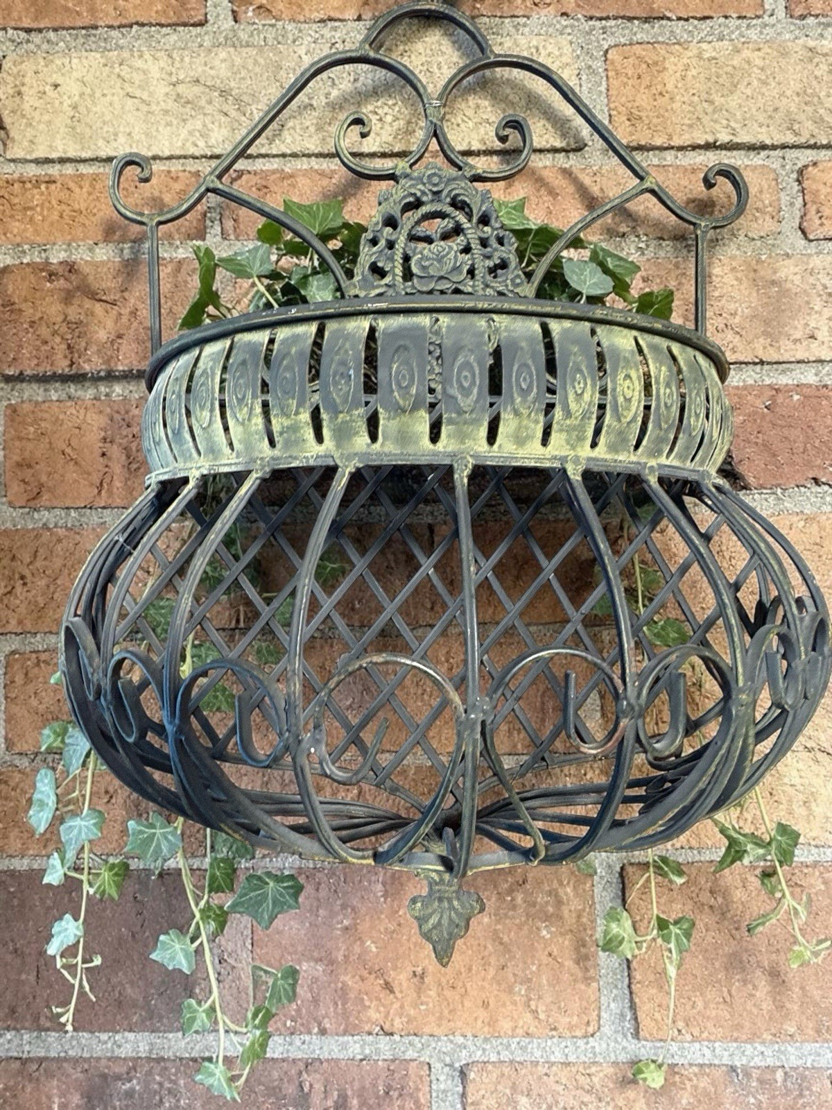 Vintage Metal Hanging Wall Basket scroll floral patina 19x13x5  FREE SHIPPING
