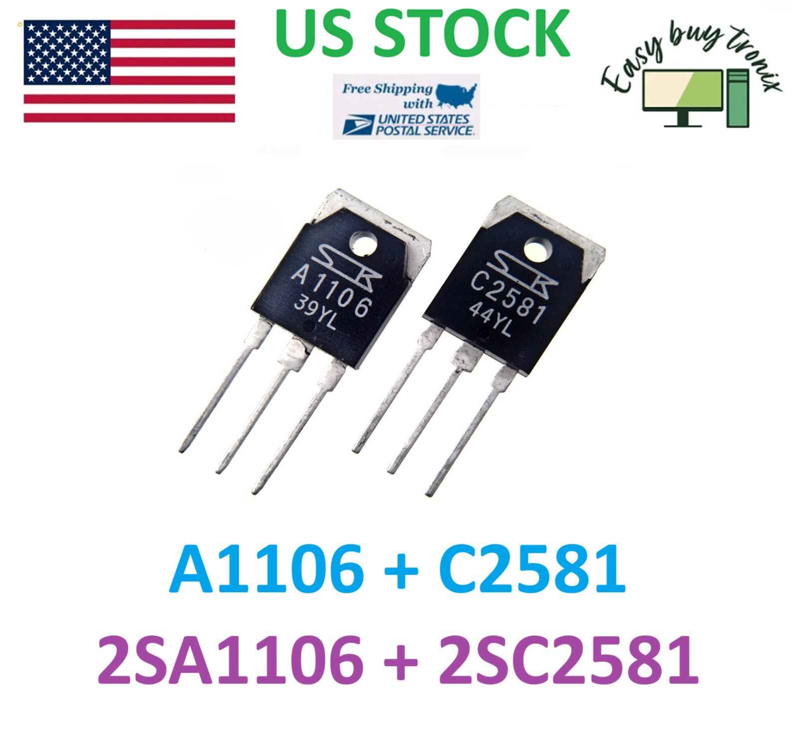 1Pair 2Pcs 2SC2581 + 2SA1106  C2581 + A1106 Sanken Silicon NPN+PNP Transistor
